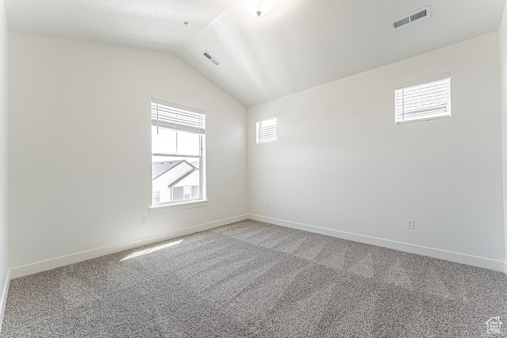 Unfurnished room featuring healthy amount of natural light, light carpet, baseboards, and lofted ceiling