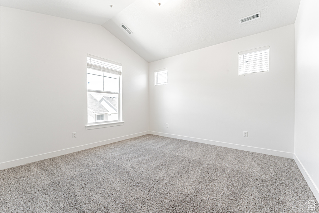 Spare room featuring plenty of natural light, carpet floors, lofted ceiling, and baseboards
