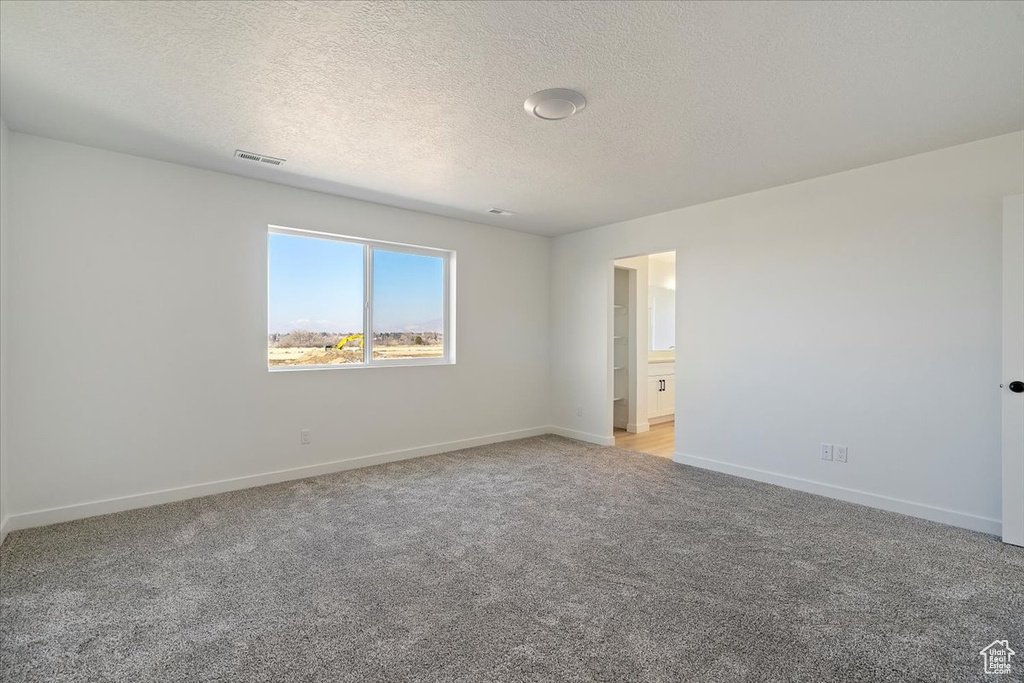 Carpeted spare room featuring a textured ceiling