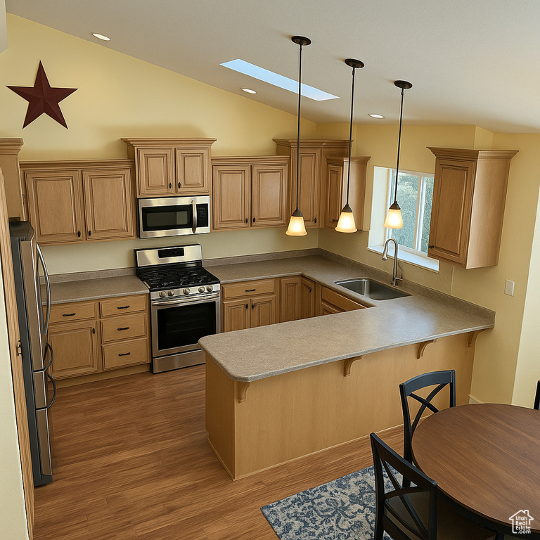 Kitchen with a sink, a peninsula, stainless steel appliances, a kitchen bar, and lofted ceiling with skylight