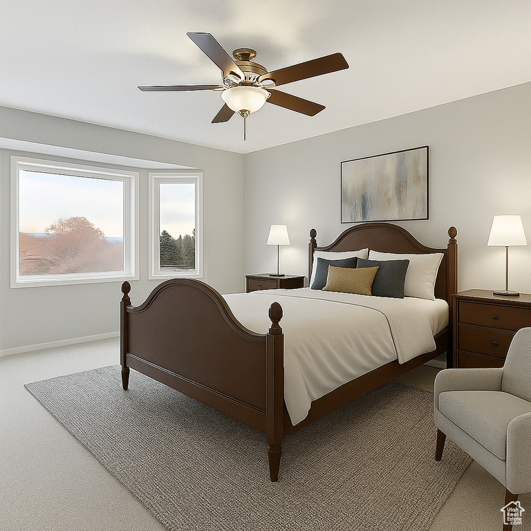 Bedroom with carpet and ceiling fan