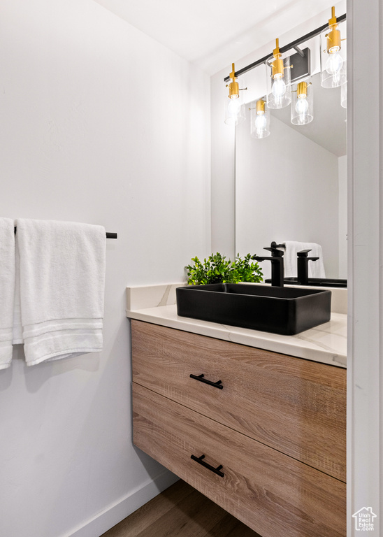 Bathroom with hardwood / wood-style flooring and vanity