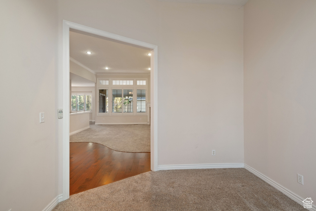 Empty room featuring carpet and crown molding