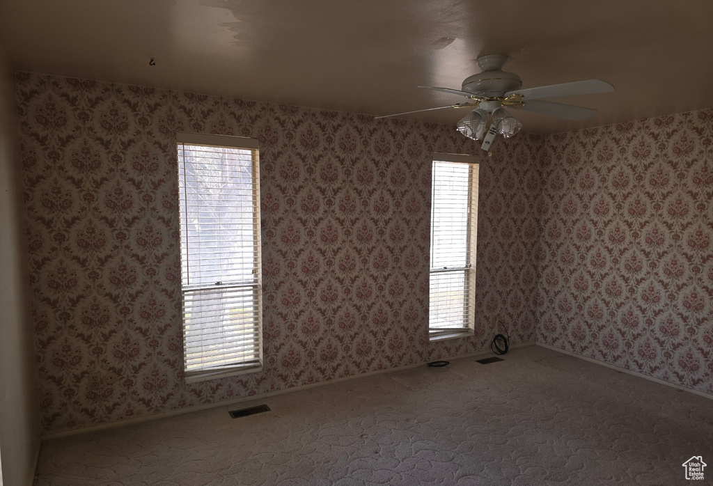 Unfurnished room with ceiling fan, a wealth of natural light, and carpet flooring