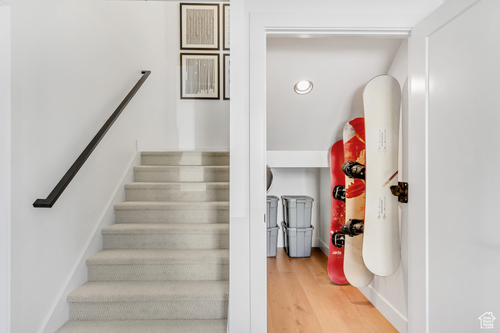 Stairs with hardwood / wood-style floors