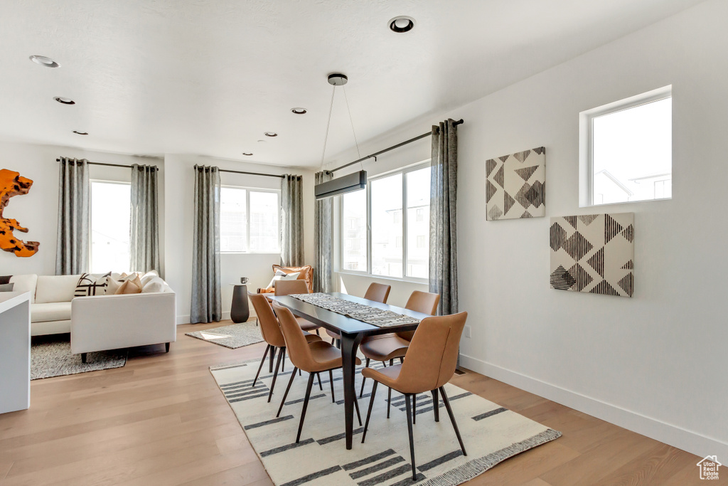 Dining room with light wood-type flooring
