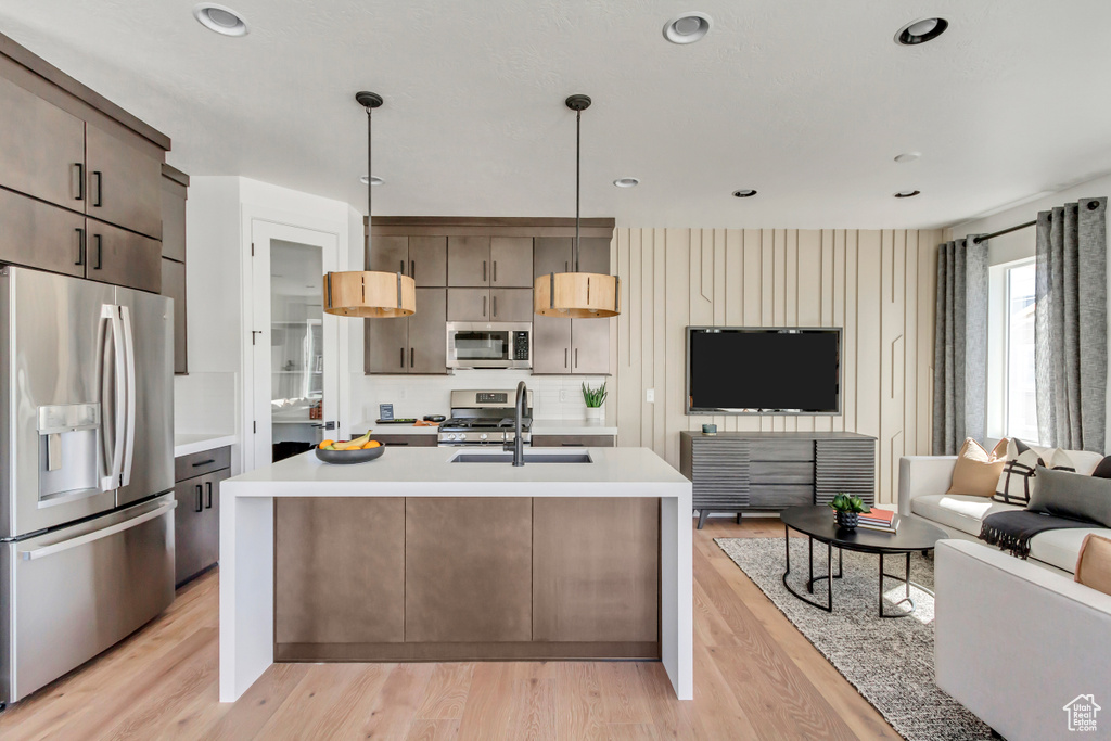 Kitchen with pendant lighting, appliances with stainless steel finishes, sink, light wood-type flooring, and tasteful backsplash