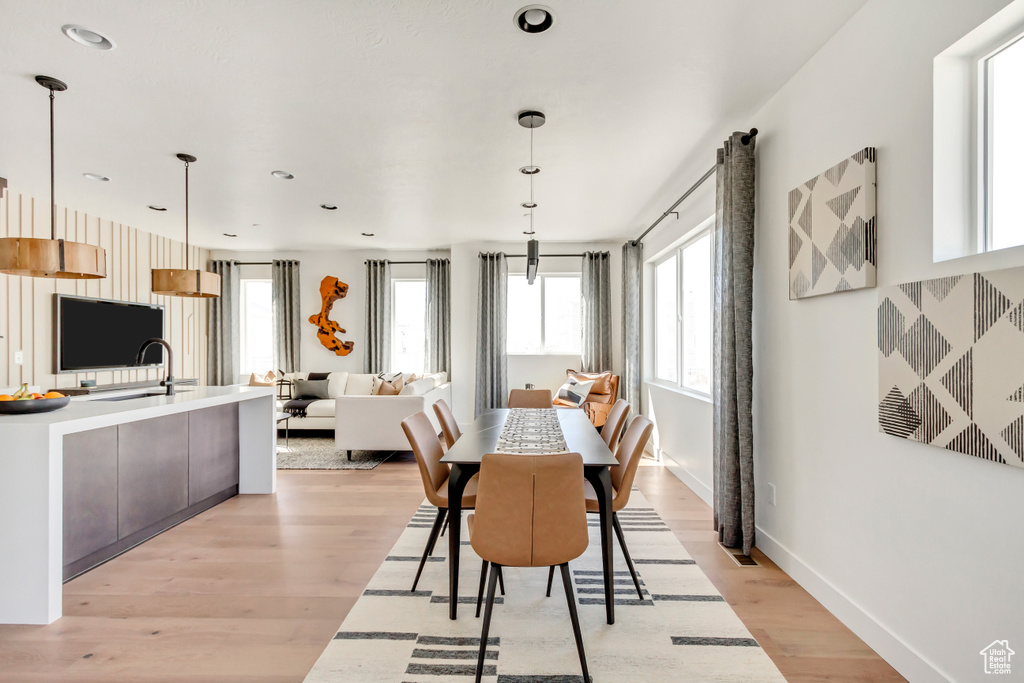 Dining area with sink and light hardwood / wood-style flooring