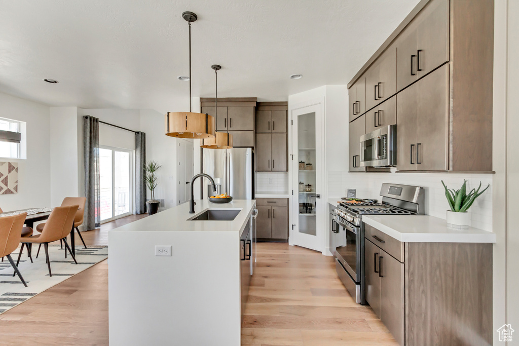 Kitchen featuring light hardwood / wood-style floors, hanging light fixtures, sink, backsplash, and stainless steel appliances