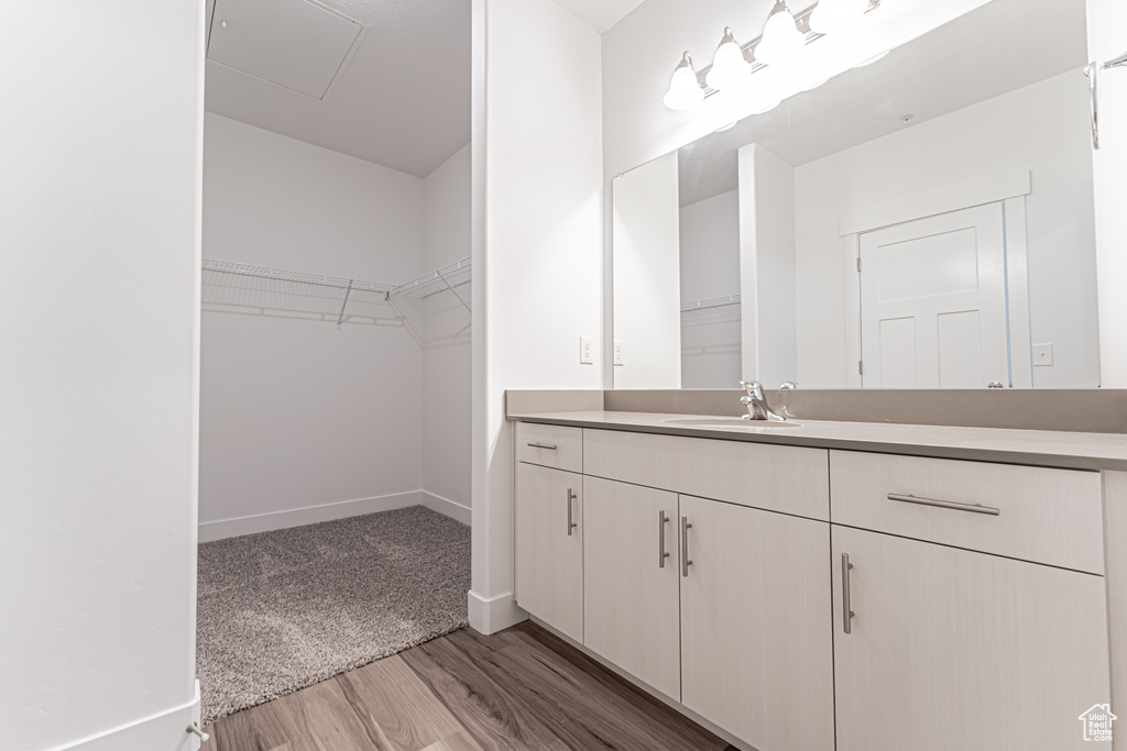 Bathroom with wood finished floors, vanity, and a walk in closet