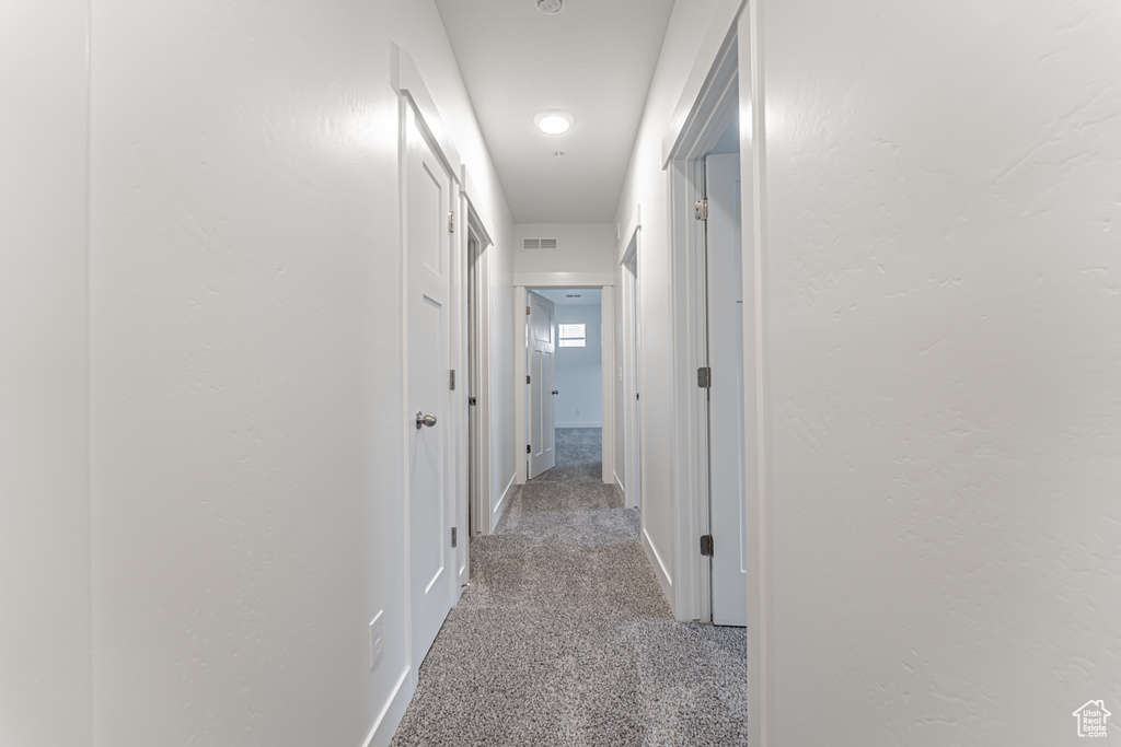 Corridor featuring carpet floors and baseboards
