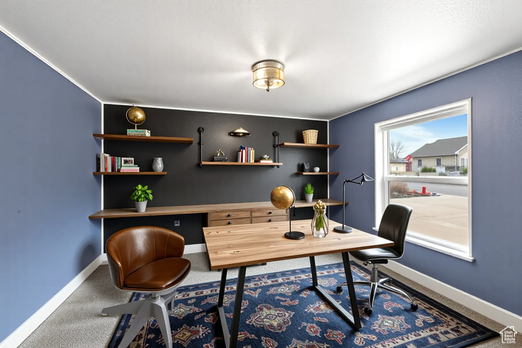 Office with carpet flooring and baseboards