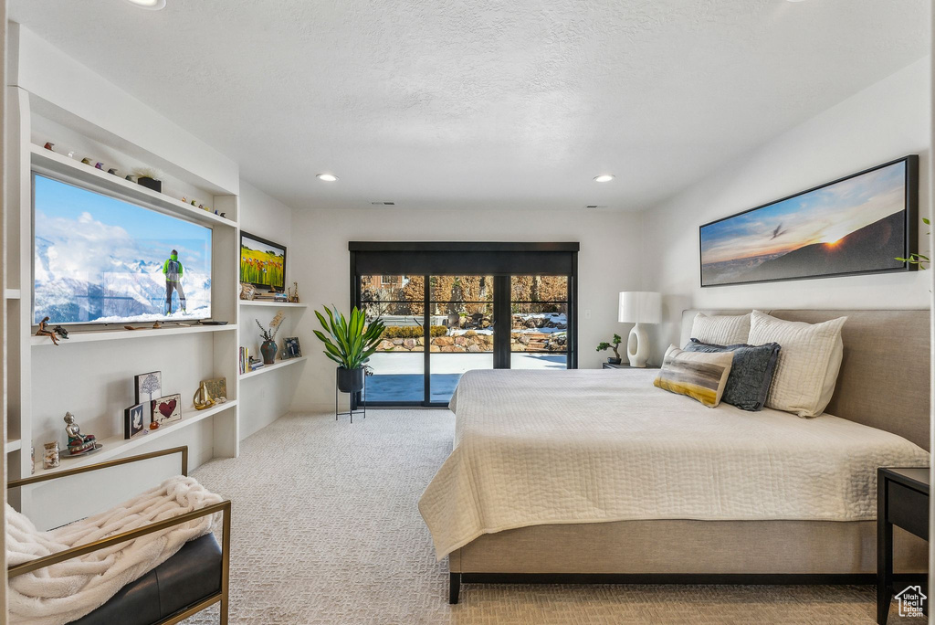 Bedroom featuring access to exterior, a textured ceiling, multiple windows, and light carpet