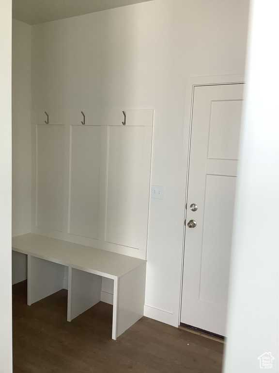 Mudroom featuring dark wood-type flooring