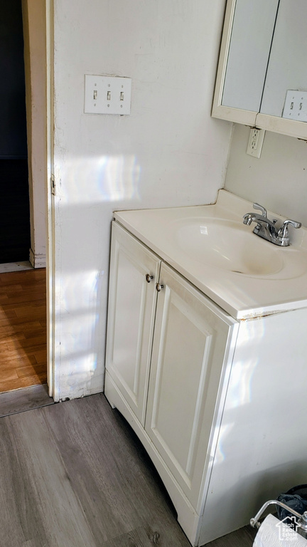 Bathroom featuring wood finished floors and vanity