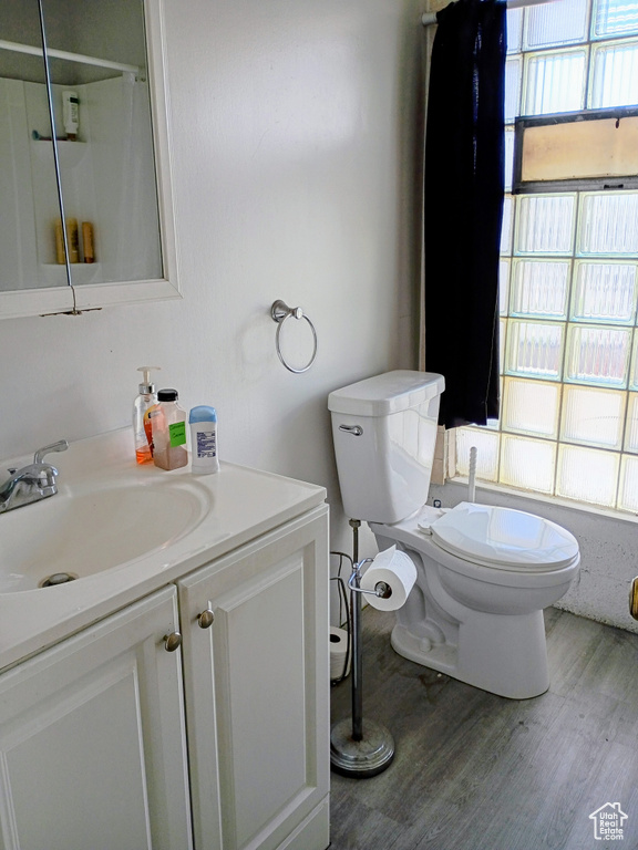 Bathroom featuring toilet, wood finished floors, a shower, and vanity