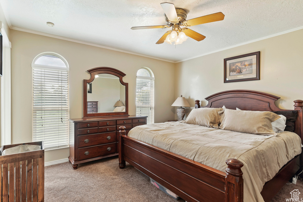 Carpeted bedroom featuring multiple windows, a textured ceiling, and ceiling fan