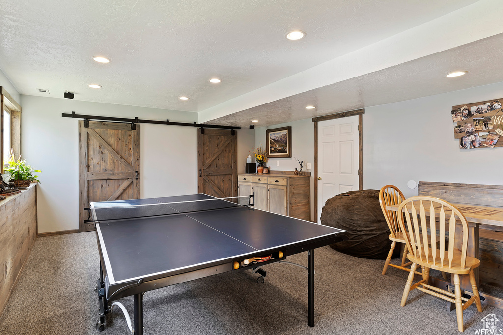 Recreation room featuring a barn door and light carpet