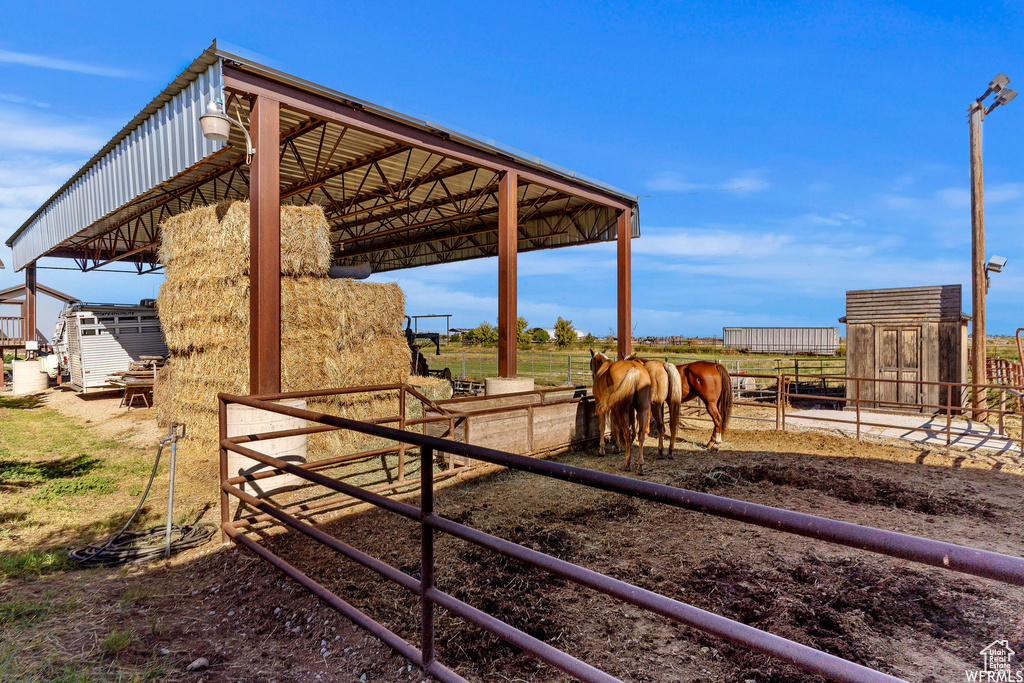 View of yard with an outdoor structure and a rural view