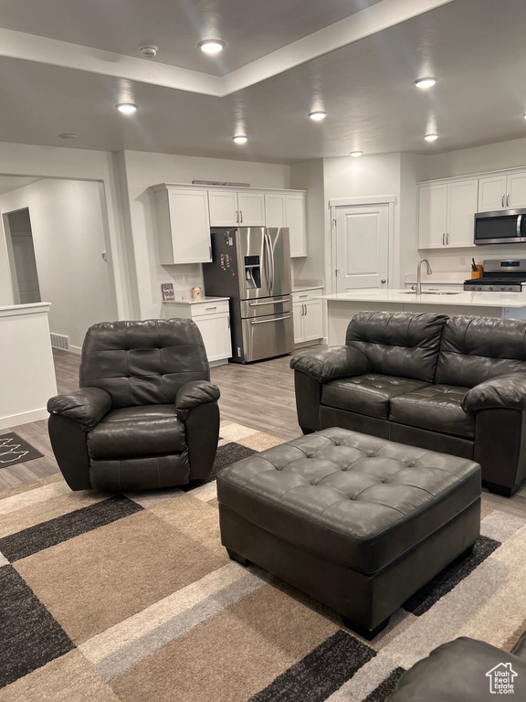 Living room featuring light wood-type flooring and a raised ceiling