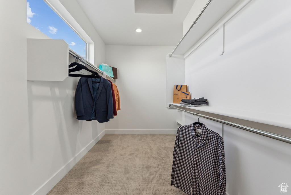 Spacious closet featuring light colored carpet