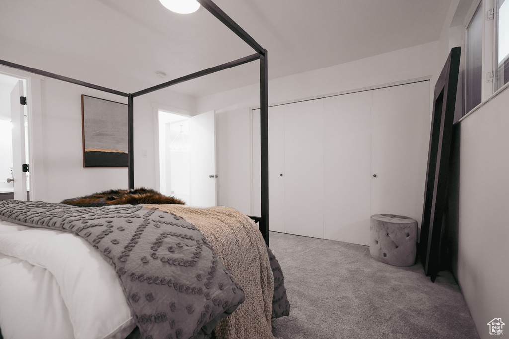 Bedroom featuring light carpet