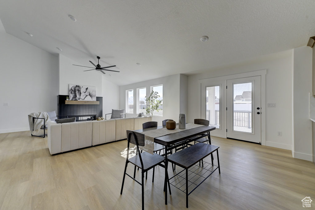 Dining room featuring light hardwood / wood-style floors, lofted ceiling, and ceiling fan