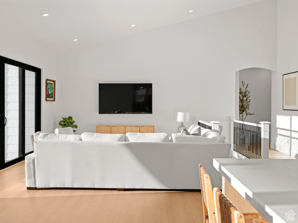 Living room with light wood-type flooring