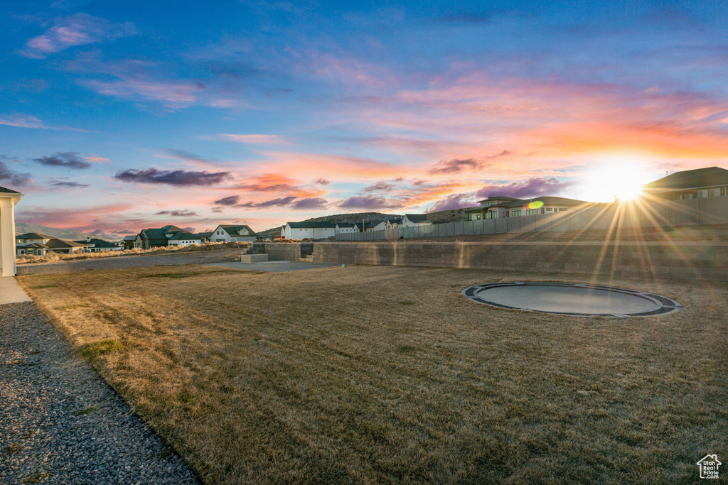 Yard at dusk with a trampoline