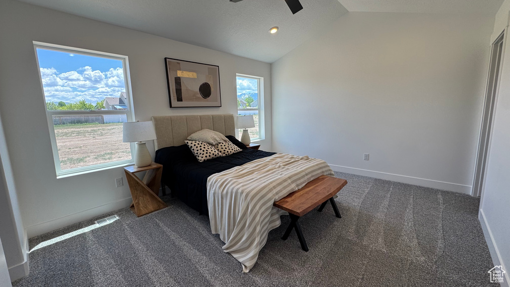 Bedroom with lofted ceiling, carpet floors, baseboards, and a ceiling fan