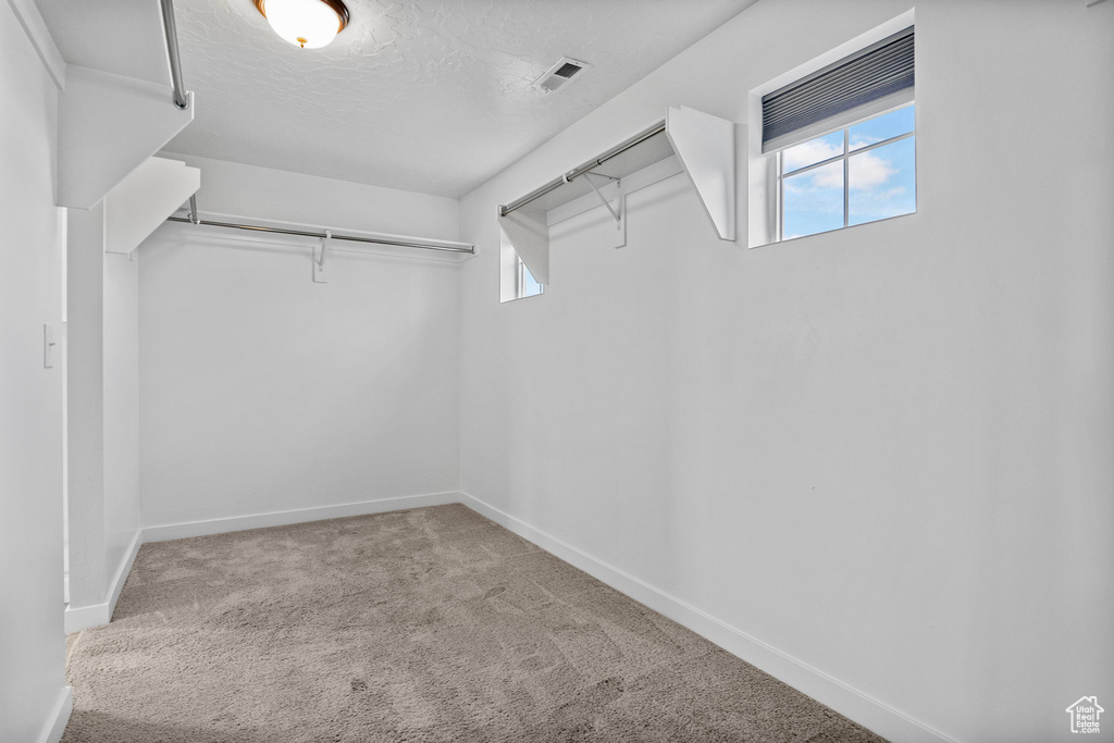 Walk in closet with light carpet