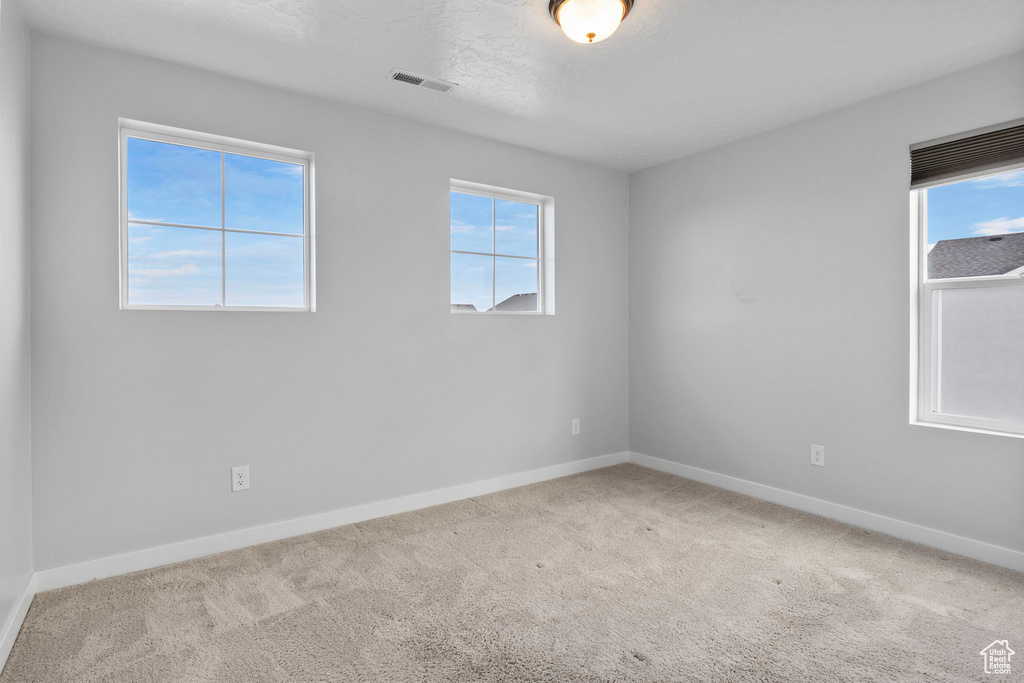 Unfurnished room with light carpet and a textured ceiling