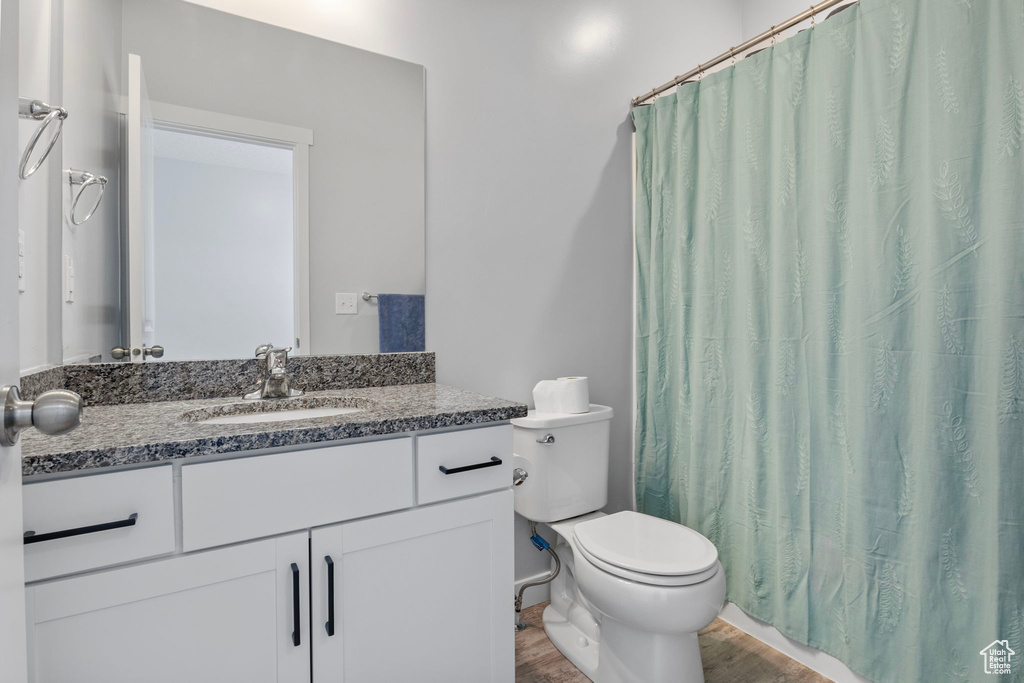 Bathroom featuring vanity, toilet, curtained shower, and hardwood / wood-style floors