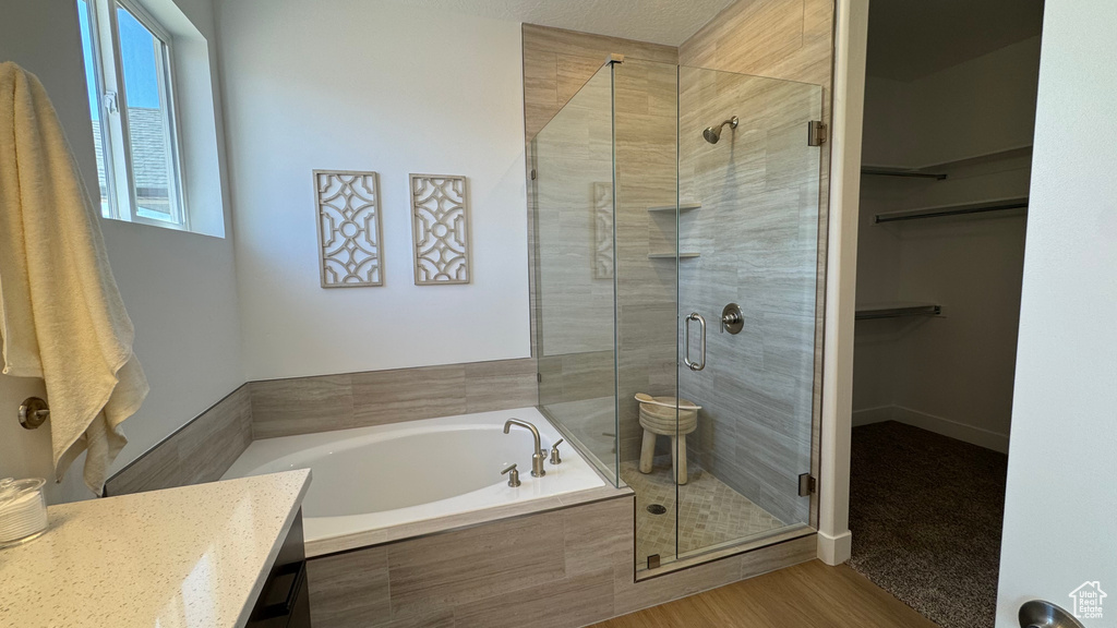 Bathroom featuring a bath, a shower stall, a walk in closet, and vanity