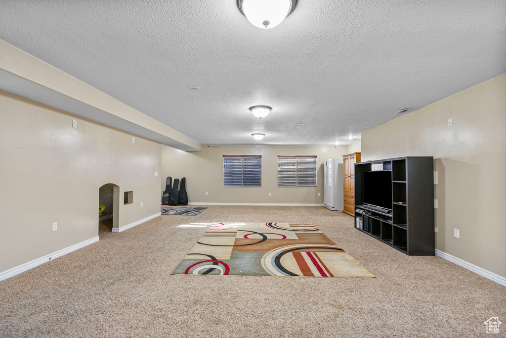 Interior space with light carpet and a textured ceiling