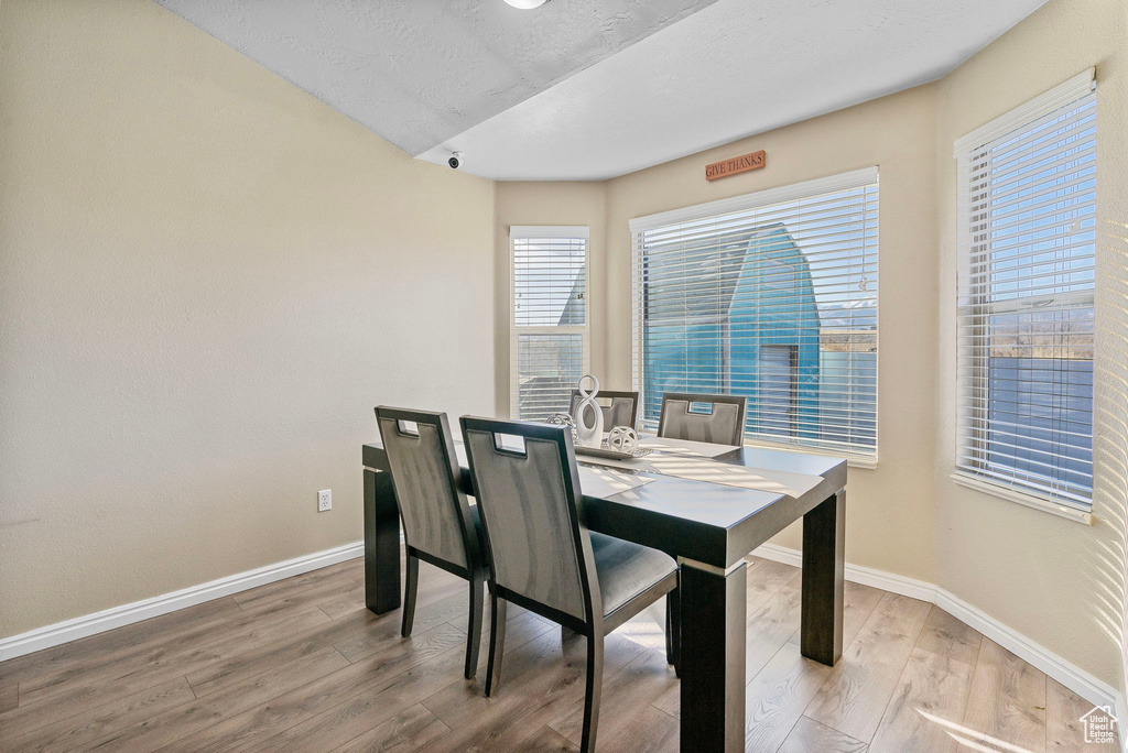 Dining space featuring hardwood / wood-style floors and a textured ceiling