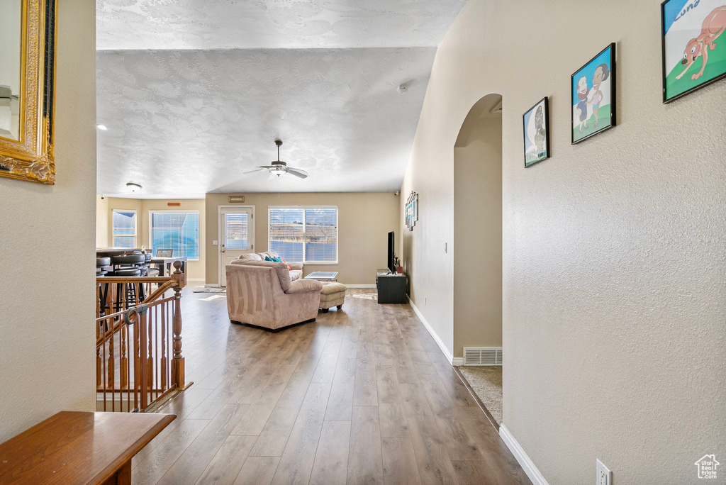 Living room featuring ceiling fan and light wood-type flooring