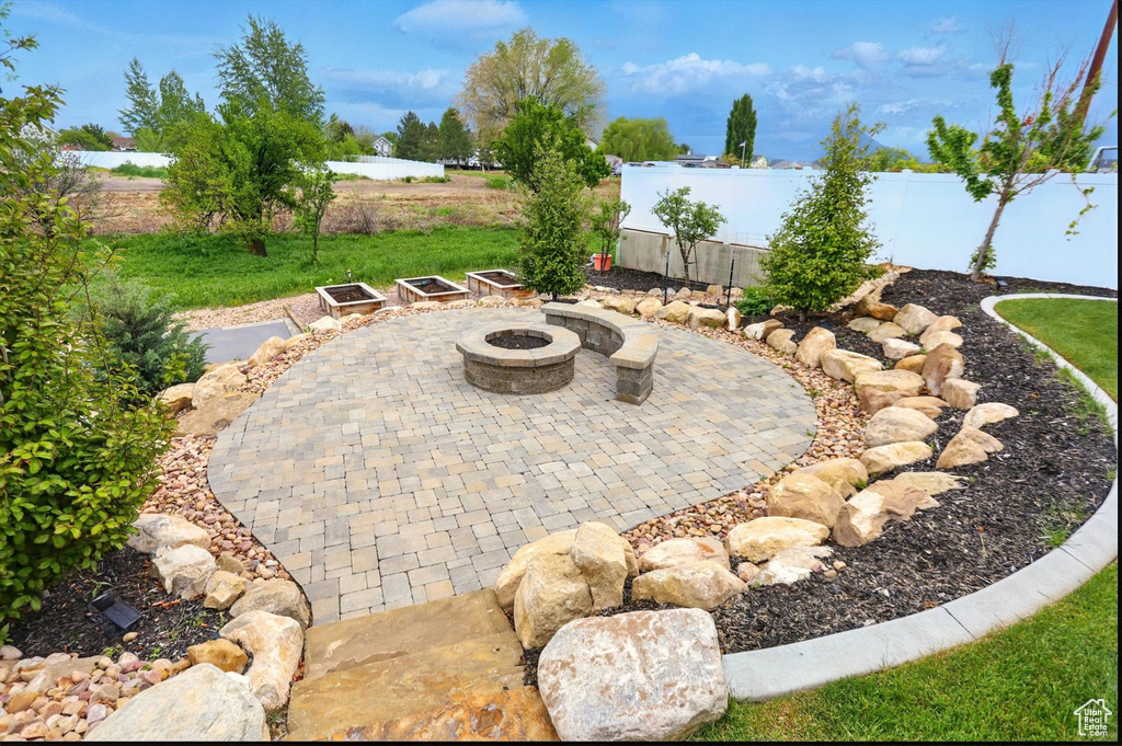 View of patio / terrace featuring an outdoor fire pit and a fenced backyard