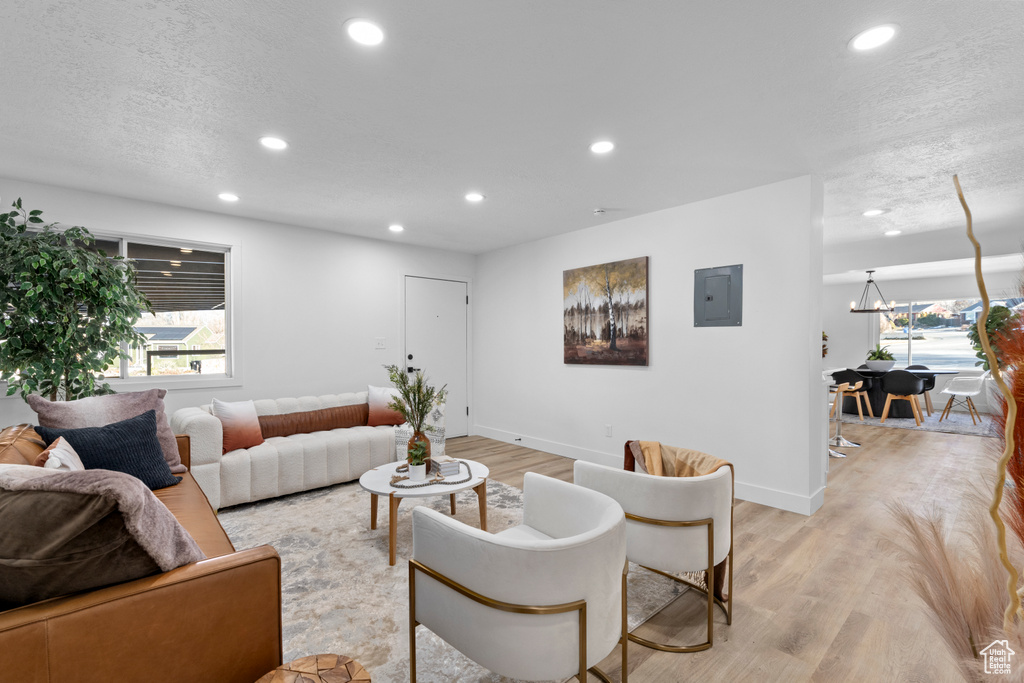 Living room with an inviting chandelier, electric panel, light hardwood / wood-style floors, and a healthy amount of sunlight