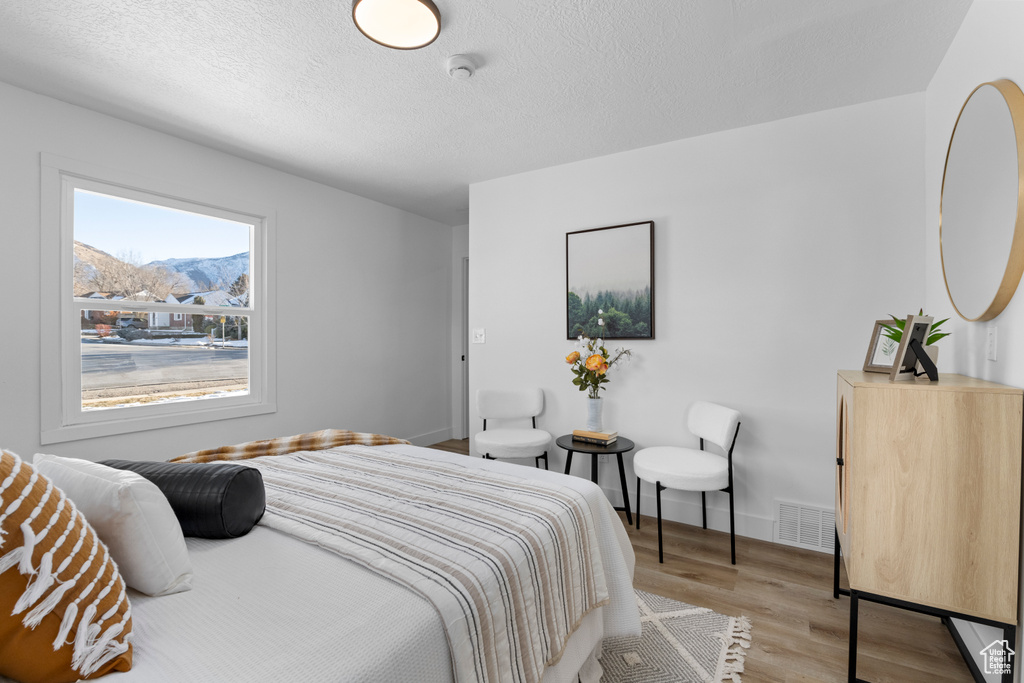 Bedroom with a mountain view, a textured ceiling, and light hardwood / wood-style floors