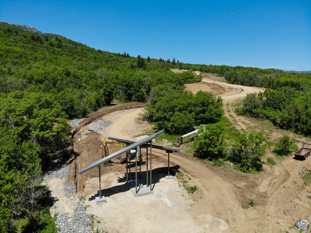 Aerial view of a heavily wooded area