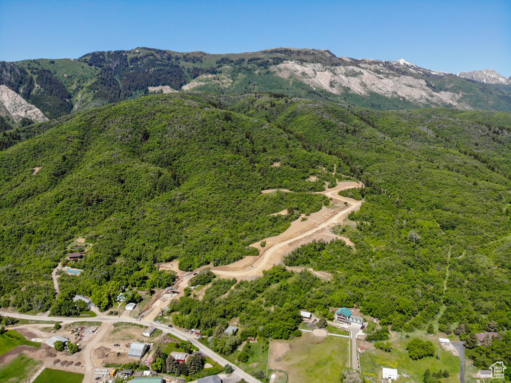 Aerial view of property and surrounding area with a mountainous background and a heavily wooded area