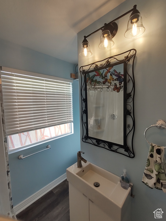 Bathroom with baseboards, wood finished floors, and vanity