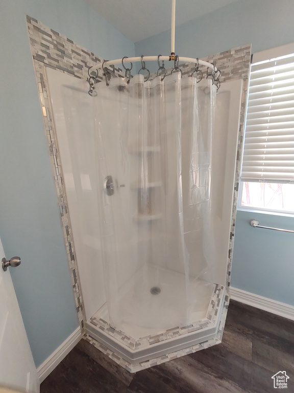Bathroom featuring baseboards, wood finished floors, and a shower stall