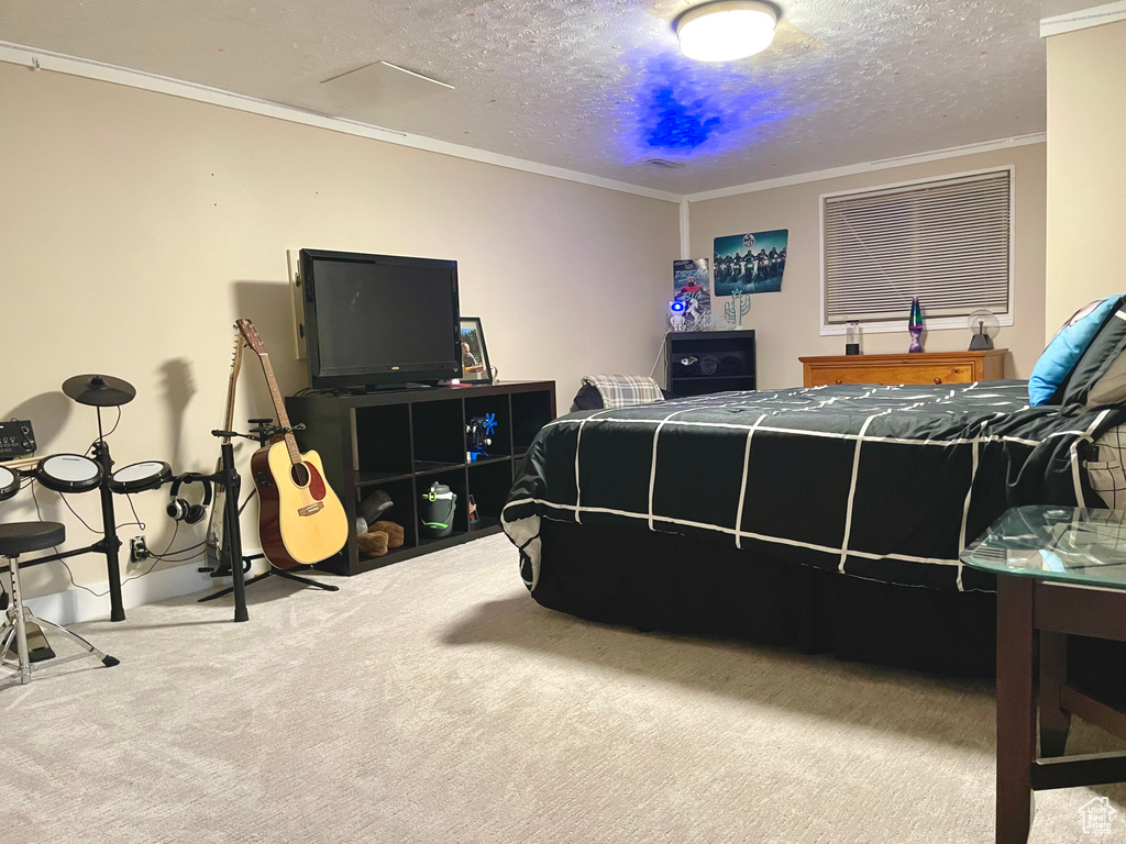 Bedroom with ornamental molding, a textured ceiling, and carpet