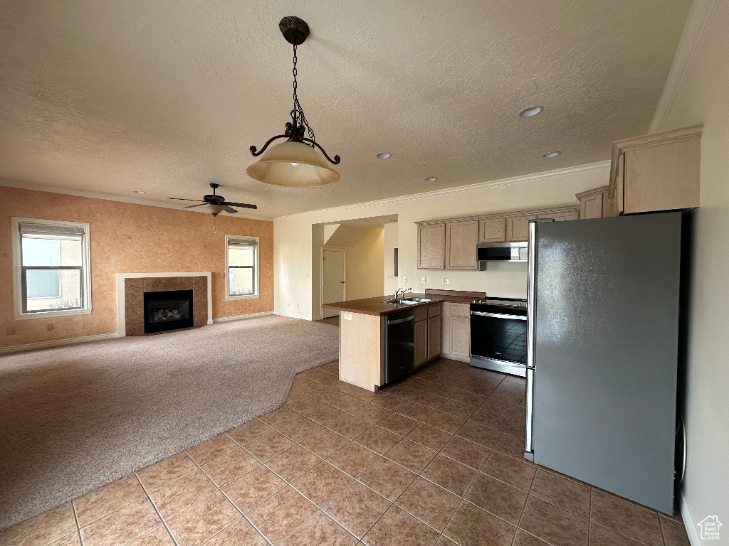 Kitchen featuring pendant lighting, sink, appliances with stainless steel finishes, carpet, and kitchen peninsula