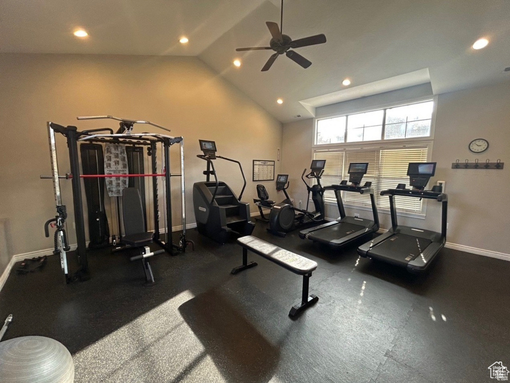 Exercise room with vaulted ceiling and ceiling fan
