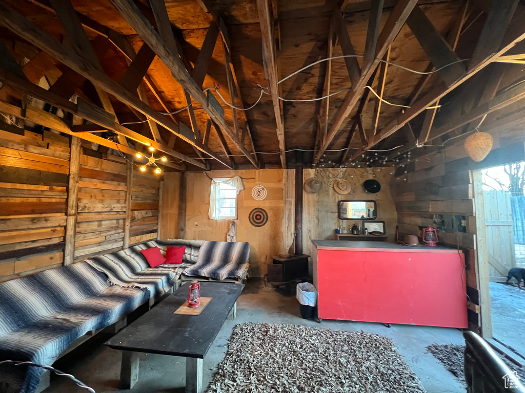 Interior space with a wood stove