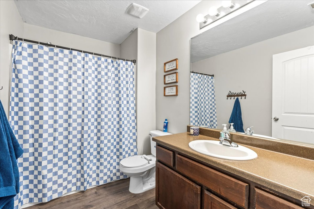 Bathroom featuring wood-type flooring, toilet, a textured ceiling, and vanity