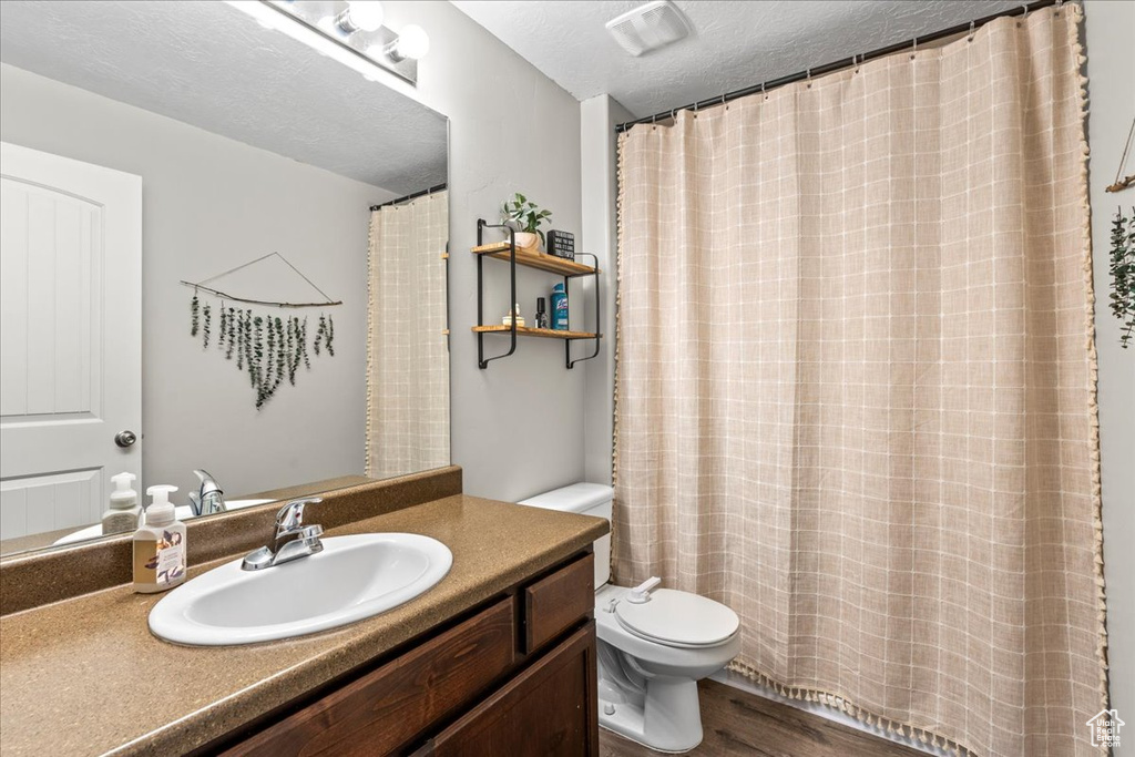 Bathroom featuring wood-type flooring, vanity, a textured ceiling, and toilet